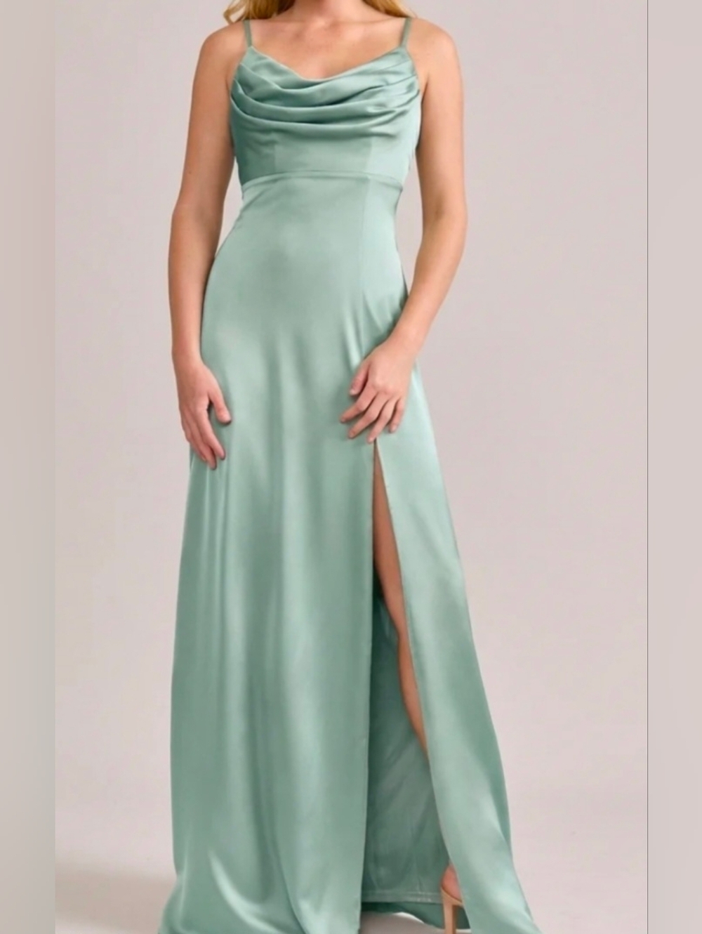 Satin Cowl Neck Spaghetti Strap Gown in Sage Zipper In Back Slit Up The Leg. NEW